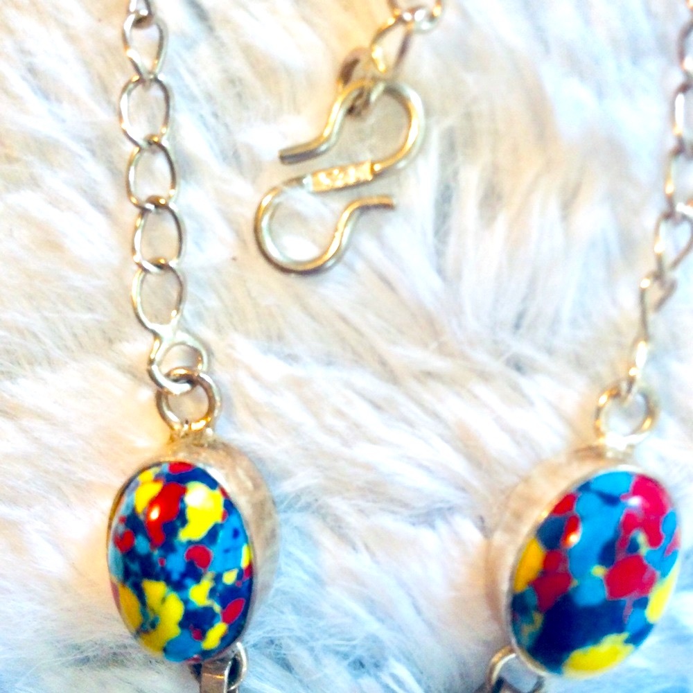Jasper sterling silver mosaic Necklace Rainbow tricolor India Artisan Vtg